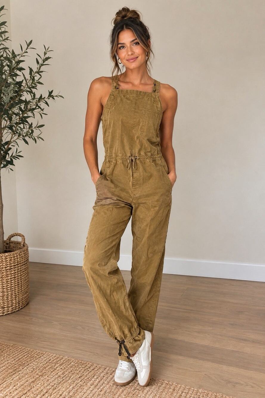 Sundance Corduroy Drawstring Overalls large brown straight leg mm6015